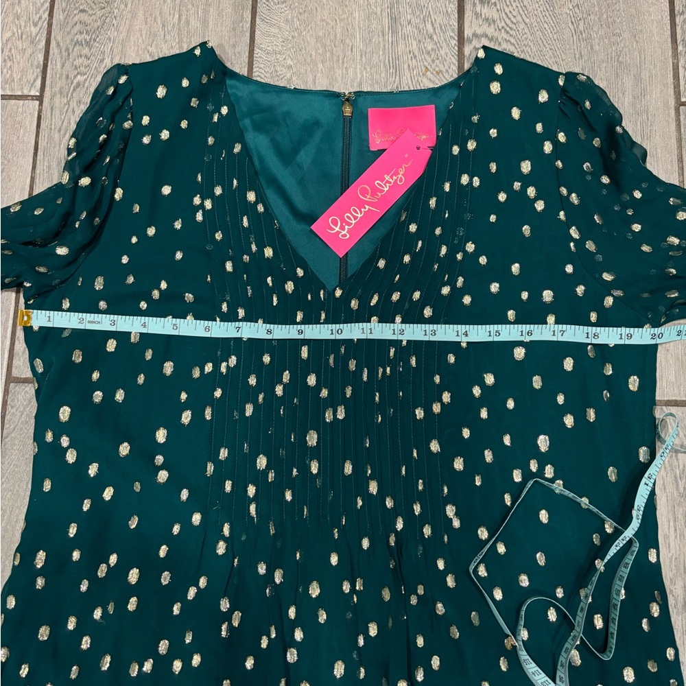Lilly Pulitzer Cleme Silk Dress in Spruce Green Gold Metallic Silk Clip Size 10 - Picture 5 of 8